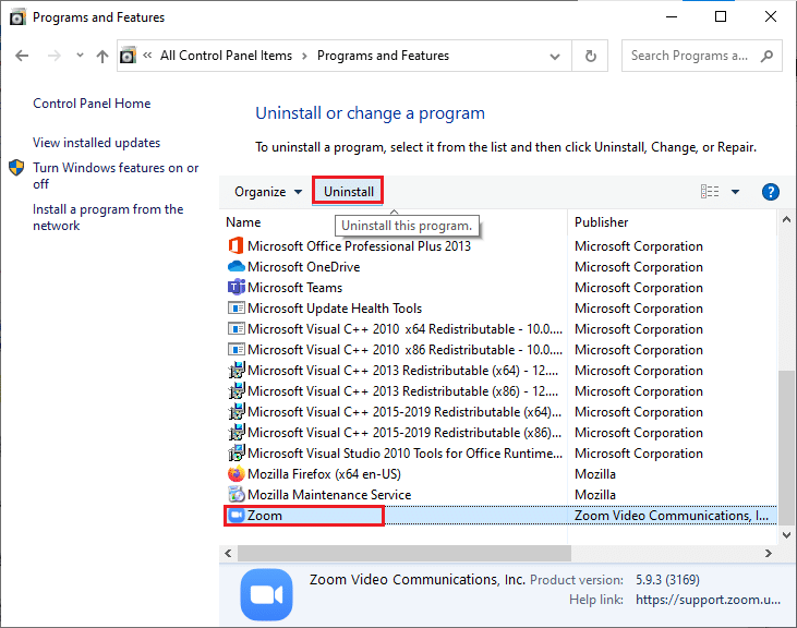 ယခု၊ Zoom ကိုနှိပ်ပြီး Uninstall option ကိုရွေးချယ်ပါ။ Windows 10 တွင် အခြားအက်ပ်တစ်ခုမှ အသုံးပြုနေသည့် ကင်မရာကို ပြင်ဆင်ပါ။