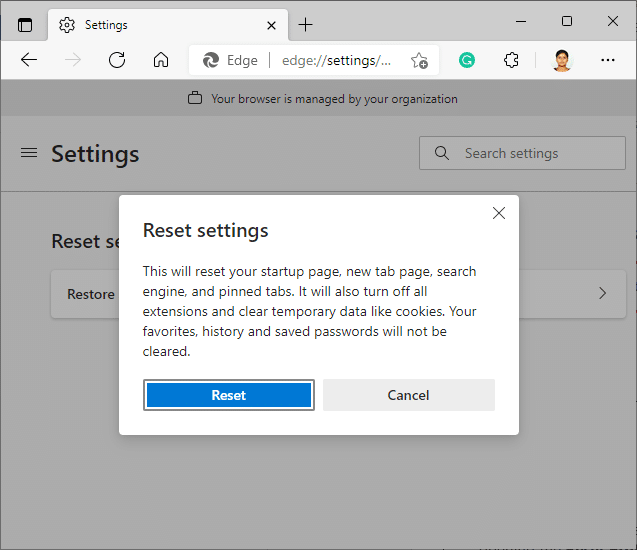 Now, confirm the prompt by clicking on Reset
