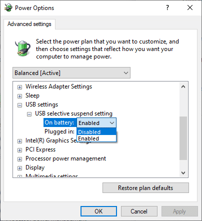 Now, expand USB settings and further expand the USB selective suspend setting. Firstly, click on On battery and select Disabled. Likewise, click on Plugged in and select Disabled as well. 
