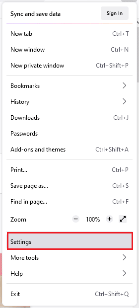 Now, from the drop down menu, click on Settings. How to Fix Firefox Not Loading Pages
