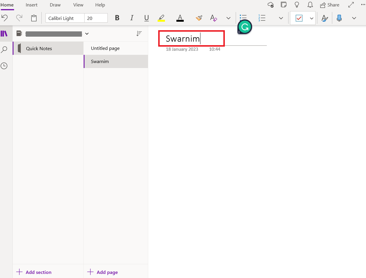 give the OneNote page a meaningful name and begin making changes