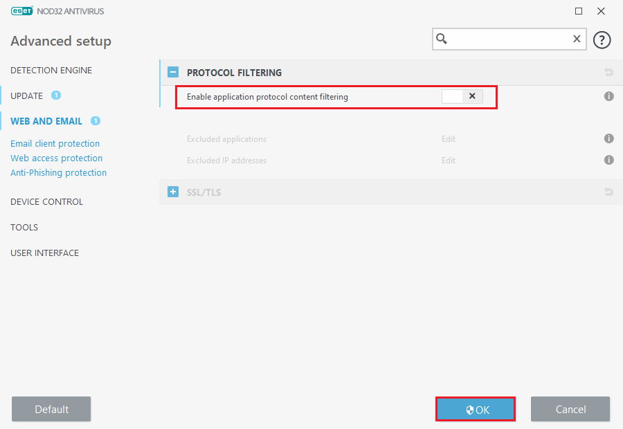 Now, head towards the PROTOCOL FILTERING section and toggle off Enable application protocol content filtering option. Fix Firefox Connection Reset Error