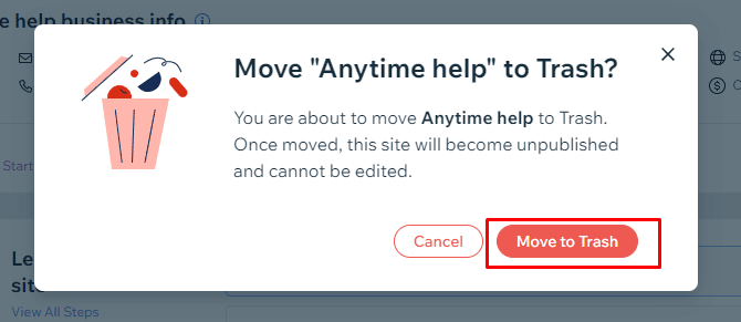 Now in the alert message pop-up, click on the Move to Trash option to permanently delete your website from your Wix account. After that, your account would be moved to Trash Bin. 