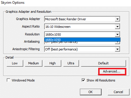 Now, in the Detail section, select the Advanced option |Fix Skyrim Crash to Desktop with No Error Message