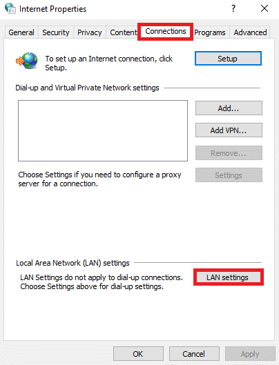 Teraz w oknie Właściwości internetowe przejdź do zakładki Połączenia i wybierz Ustawienia sieci LAN. Napraw ERR_CONNECTION_RESET w Chrome Windows 10