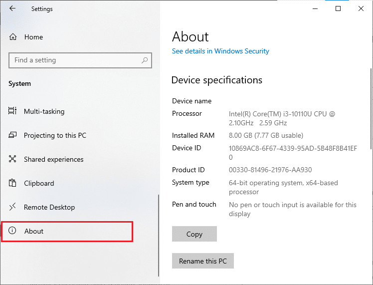 click on About and then you can check the Device specifications. Fix Windows 10 Update Error 0x80190001