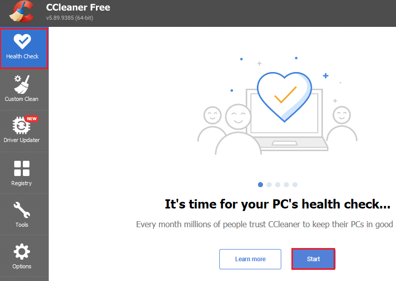 Now, in the left pane, click on Health Check, and in the main window, click on Start 