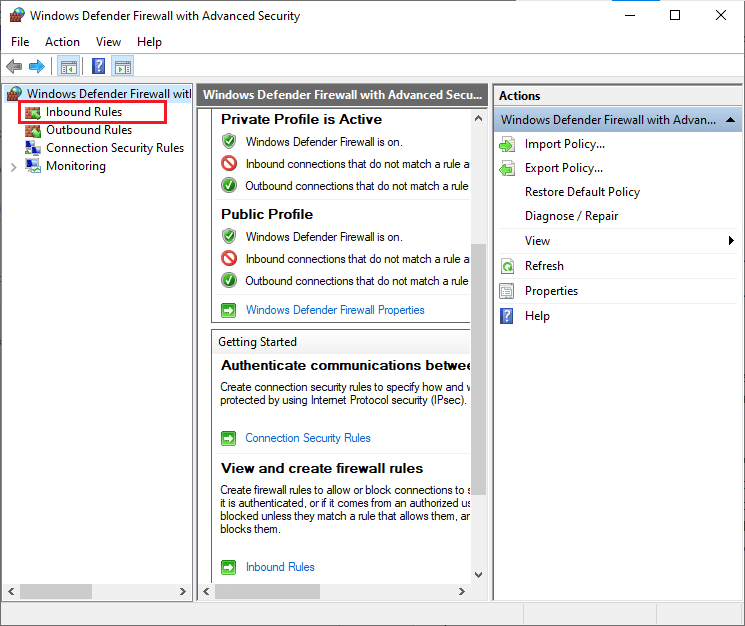 click on Inbound Rules. Fix WOW51900309 Error in Windows 10