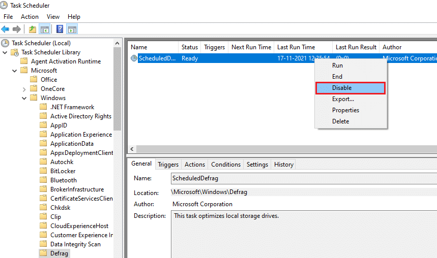 Now, in the middle pane, right click on ScheduledDefrag and select the option Disable 
