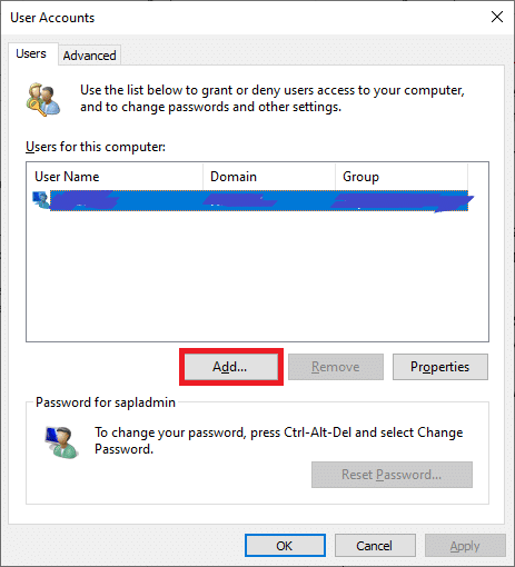 Maintenant, dans la nouvelle fenêtre qui s'ouvre, recherchez Ajouter dans le volet du milieu sous Utilisateurs. L'invite de commande Fix apparaît puis disparaît sous Windows 10.