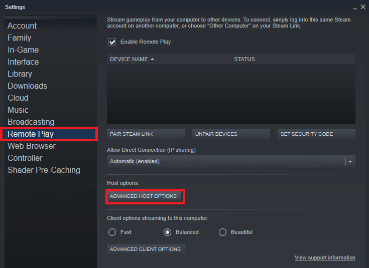 Now, in the Settings tab, switch to the Remote Play tab followed by ADVANCED HOST OPTIONS 