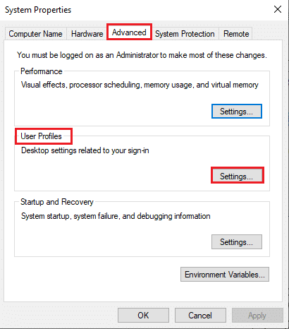 Now, in the System Properties window, switch to the Advanced tab and click on Settings… option under User Profiles. Fix Taskbar Right Click Not Working