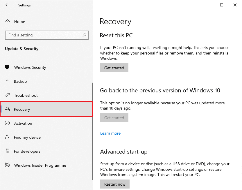 look for Recovery settings and click on it