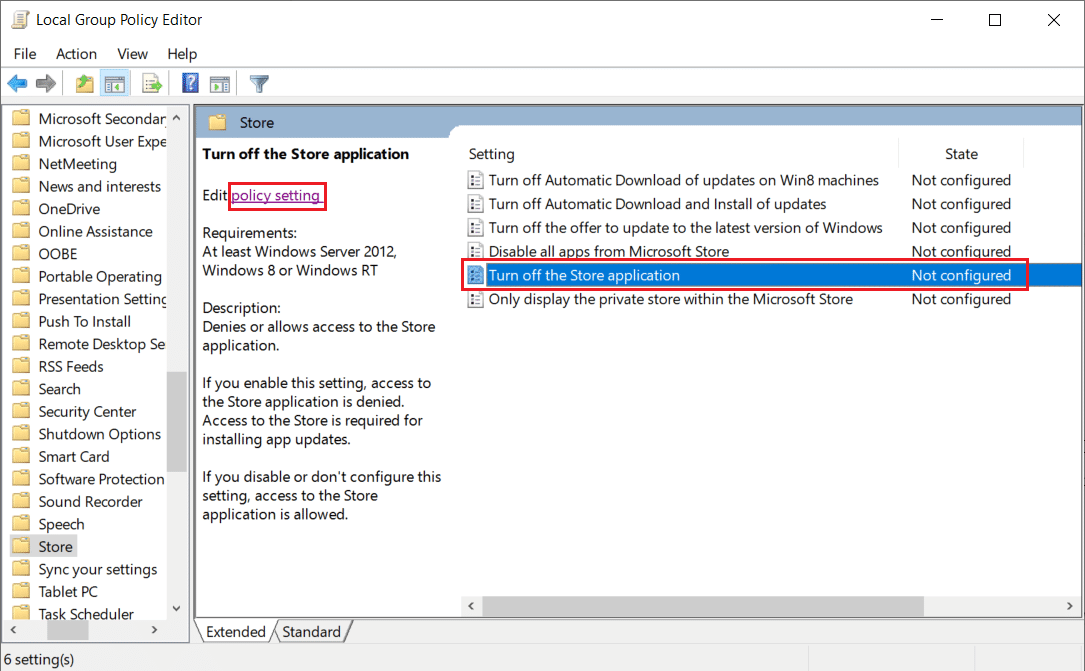 Now, on the right pane, choose the Turn off the Store application setting. Once selected, click on the Edit policy setting hyperlink that appears in the policy description. 