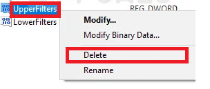 Now, redirect to the right pane and right-click on UpperFilters values. Here, select the Delete option to delete this registry file from the system permanently.