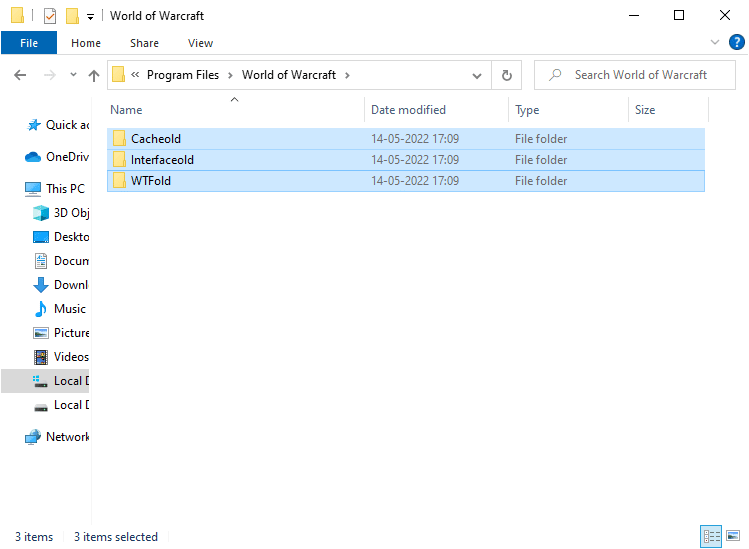 rename the folders to something like Cacheold, Interfaceold, WTFold respectively
