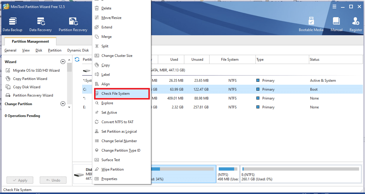 Now, right-click on any partition found on the middle pane and select the Check File System feature 