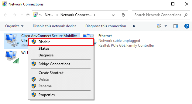 Now right click on the adapter and select the Disable option. Fix Your connection was interrupted in Microsoft Edge