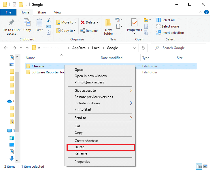 Ahora, haga clic derecho en la carpeta de Chrome y elimínela. | RESULT_CODE_HUNG