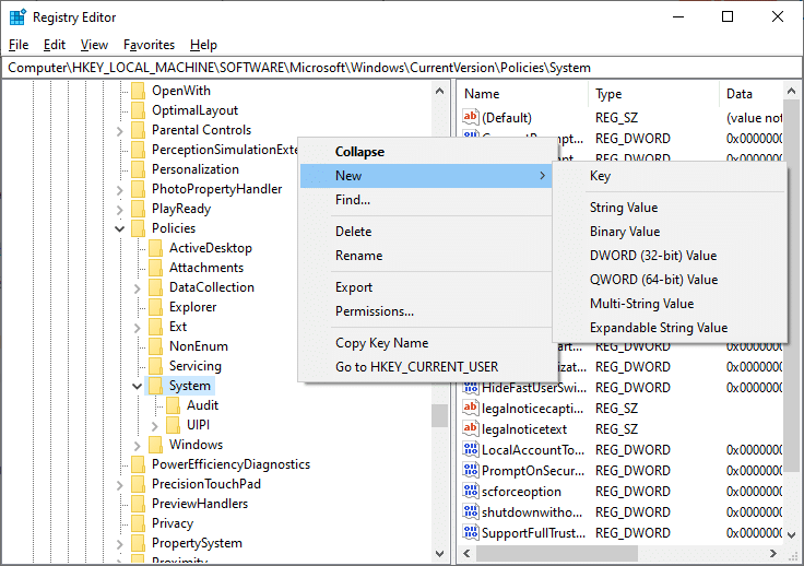 Now, right-click on the empty screen and click on New to create a new DWORD value named as LocalAccountTokenFilterPolicy if you have a 32 bit Windows Operating System and if you have a 64-bit system, you have to create a new QWORD value called LocalAccountTokenFilterPolicy. 