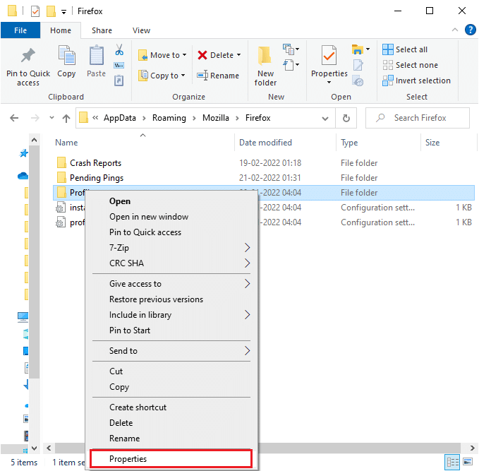 Now, right-click on the Profiles folder and select the Properties option. Fix Firefox is Not Responding