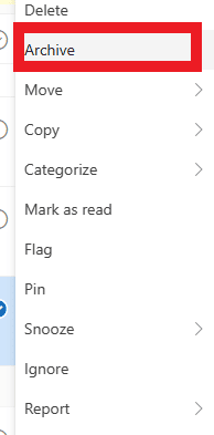 Now, right-click on the selected emails and choose Archive from the context menu.