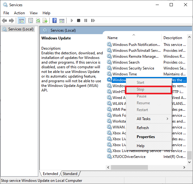 Now, right-click on Windows Update and select Stop | How to Delete Temp Files in Windows 10