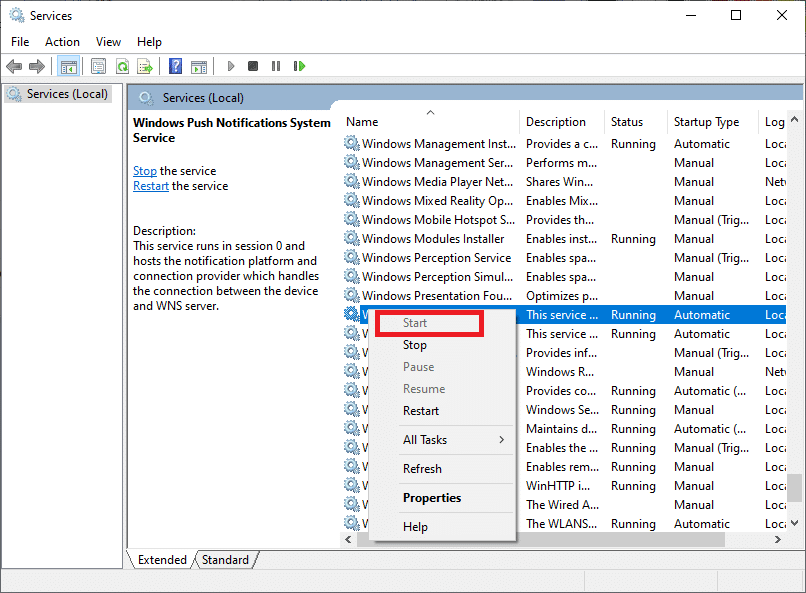 Now right-click Windows Update service and select Start
