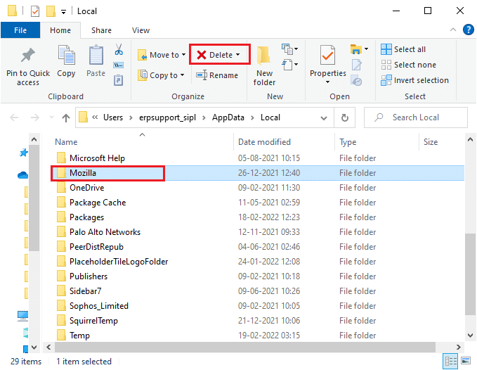 Now, scroll down and click on the Mozilla folder. Then, click on the Delete option as highlighted.