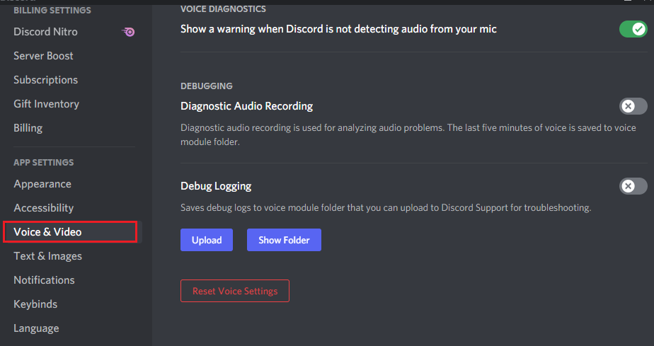 Now, scroll down the main screen and click on Reset Voice Settings. Fix Discord Not Detecting mic