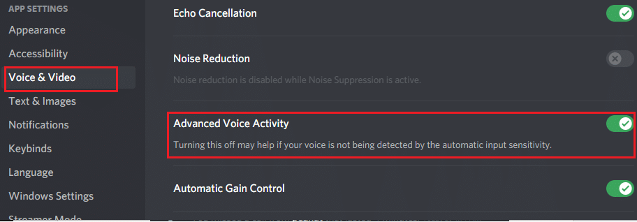 Now, scroll down the right screen until you see the Advanced Voice Activity section. Fix Discord Not Detecting mic