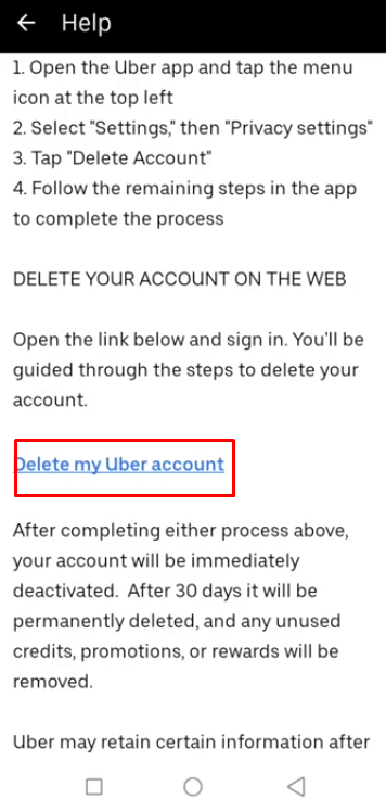 Now scroll down the terms & conditions page, to locate Delete my Uber Account and tap on it.