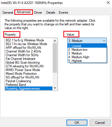 search for Roaming Aggressiveness option in the Property list