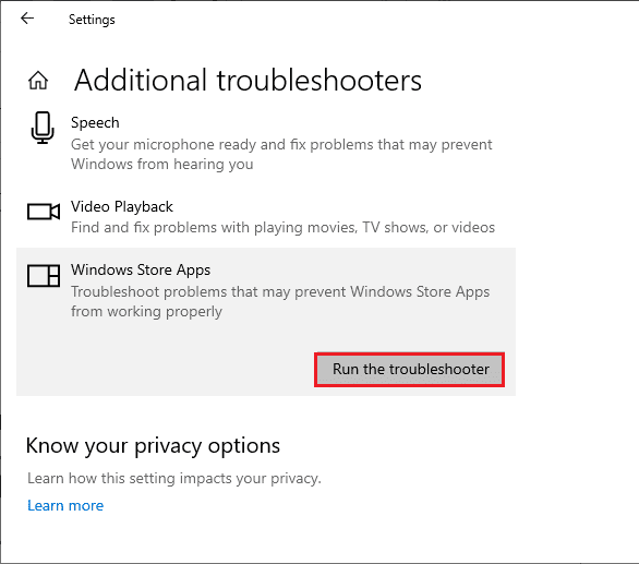 Select Run the troubleshooter to launch Windows Store Apps troubleshooter | Microsoft store error 0x80073CFB