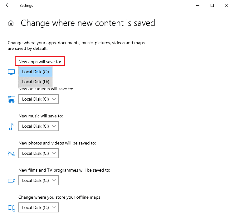 Now, select some other installation drives under New apps will save to menu. Fix Minecraft Launcher is Currently Not Available in Your Account