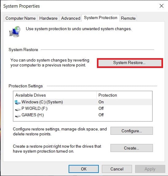 Now, select System restore, as highlighted below.