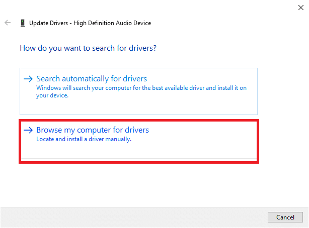 Now, select the Browse my computer for drivers option. This will allow you to locate and install a driver manually. 
