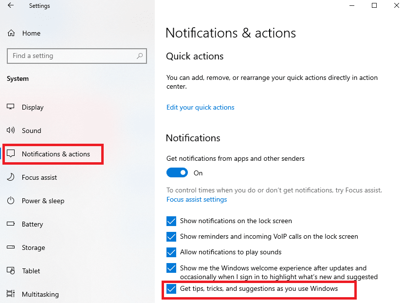 Now, select the Notifications & actions menu