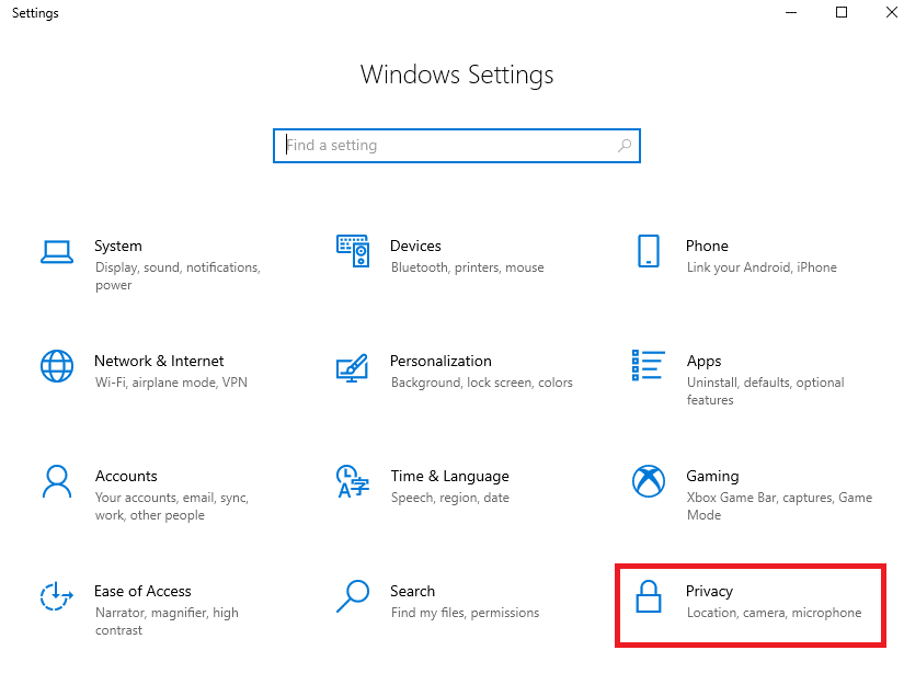 Now, select the Privacy option from the Windows Settings window