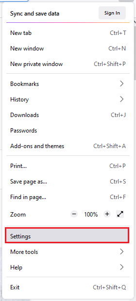 Now, select the Settings option. How to Fix Firefox Not Loading Pages