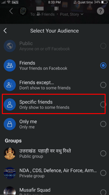 select the Specific friends option and choose the desired users with whom you want to share the live stream