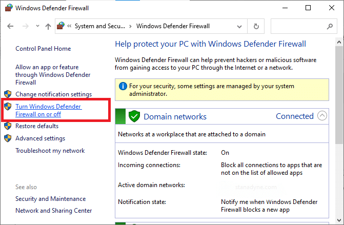 Now, select the Turn Windows Defender Firewall on or off option at the left menu. Fix Discord running slow