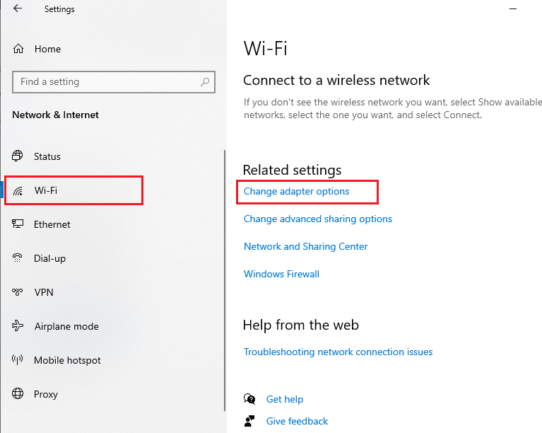 Selecteer nu Wi-Fi in het linkerdeelvenster. scroll naar beneden in het rechterscherm en klik op Adapteropties wijzigen