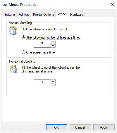 Now, set the numerical value to 5 or above (whichever works for you) in “The following number of lines at a time” under Vertical Scrolling.