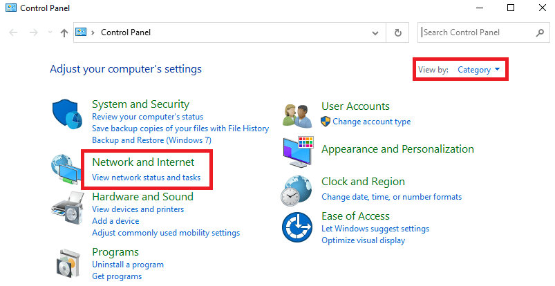 Now, set the View by option to Category and select the Network and Internet link. Fix ERR_CONNECTION_RESET on Chrome Windows 10