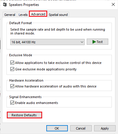 switch to the Advanced tab and click on Restore Defaults. Fix Front Audio Jack Not Working in Windows 10