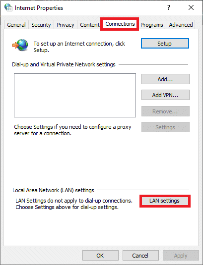 Now, switch to the Connections tab and click on LAN settings. Fix Steam Not Downloading Games