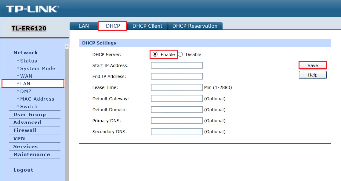 switch to the DHCP tab and make sure DHCP Server is enabled