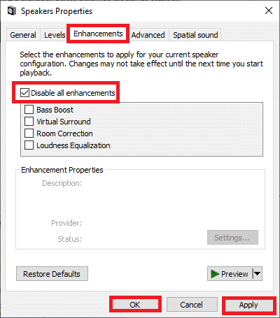 Now, switch to the Enhancements tab and check the box Disable all enhancements | How to Fix Sound keeps cutting out in Windows 10