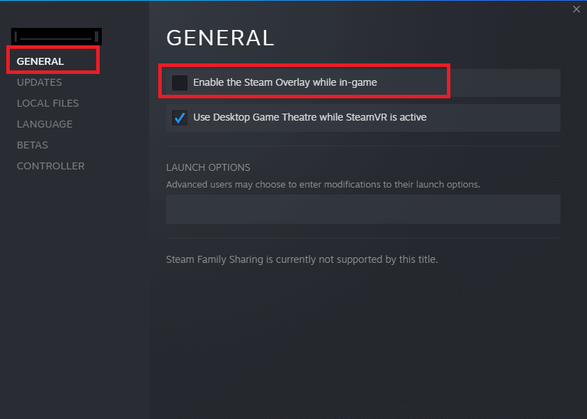 switch to the GENERAL tab and uncheck the box containing Enable the Steam Overlay while ingame